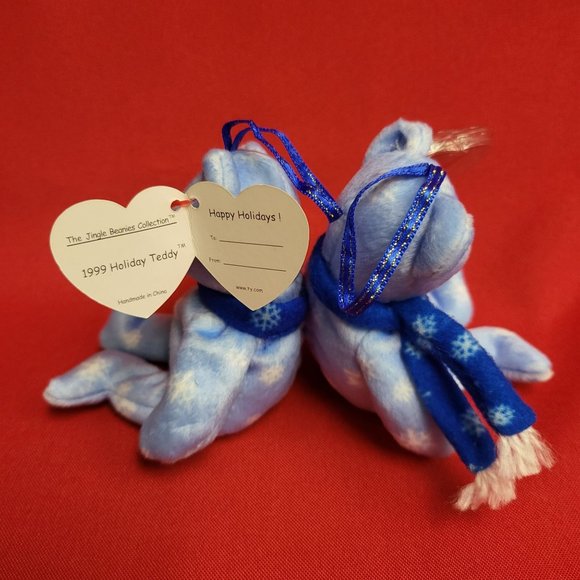 1999 Holiday Teddy The Blue Bear Ty Jingle Beanies Plush Ornament Set of 2 - Picture 10 of 13